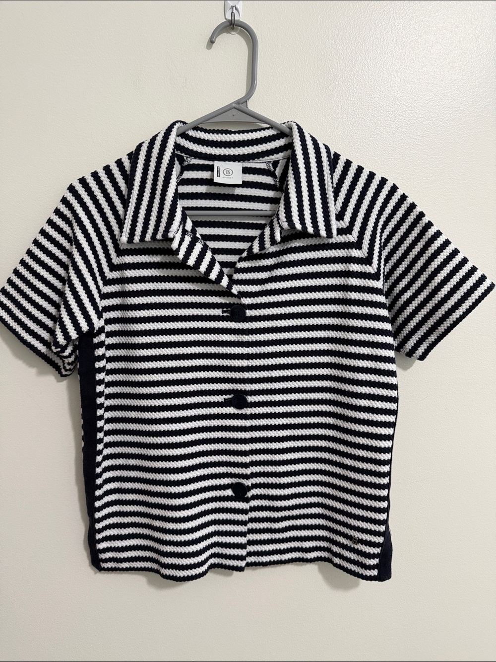 Bogner Navy Blue White Striped Short Sleeve Buttown Down Knit Top Womens 4